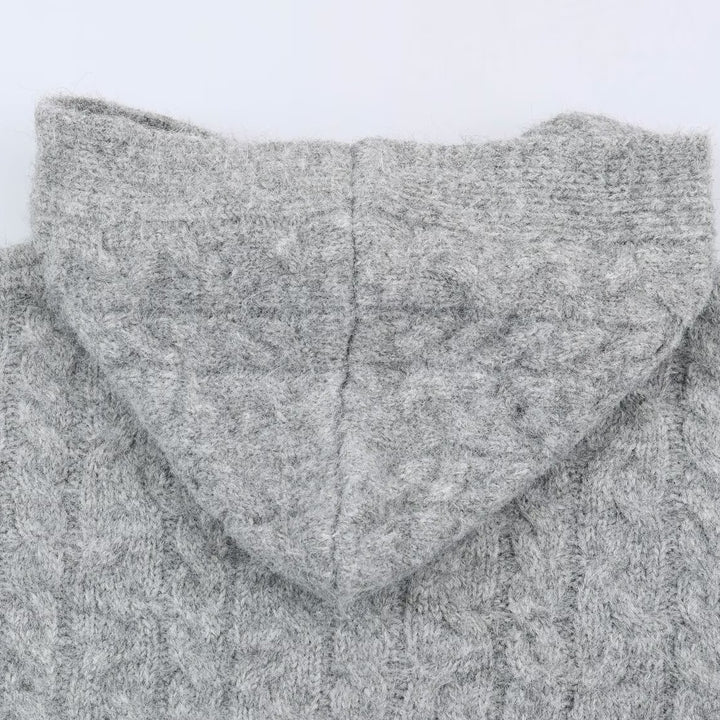 Damen Langgestrickter Kapuzen-Cardigan mit Zopfmuster und Knopfleiste Echoarchiv