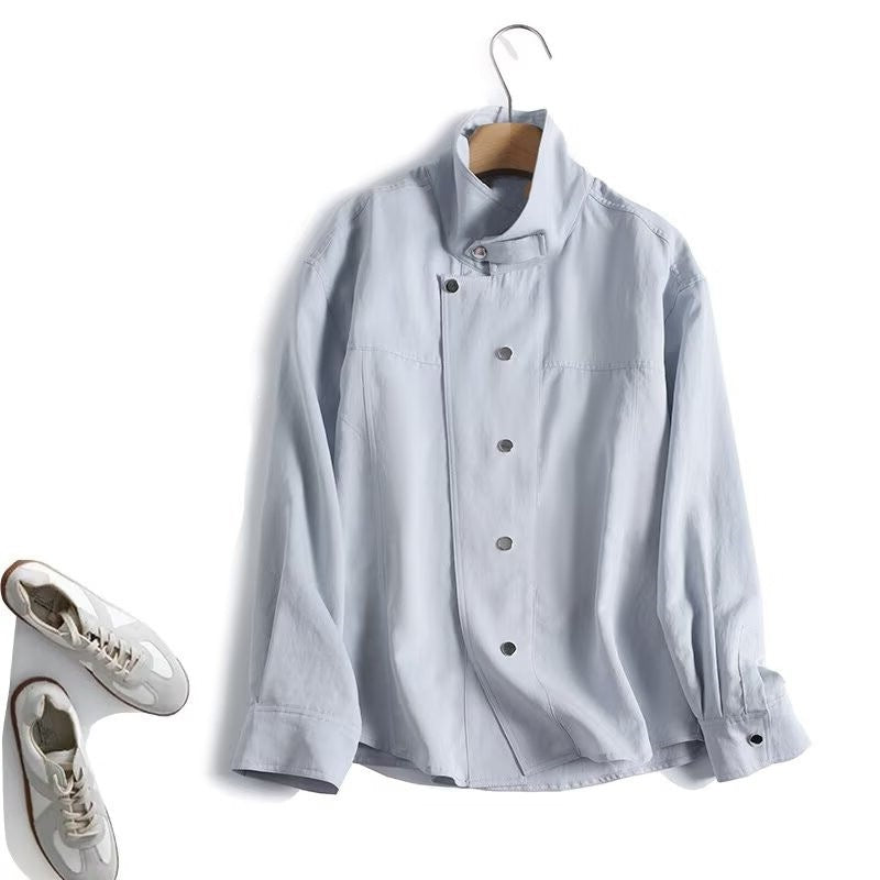 Damen Leichte Oversize-Blusenjacke mit Stehkragen und verdeckter Druckknopfleiste Echo Archiv