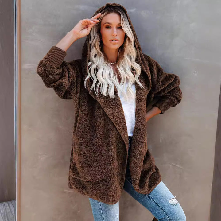 Damen Flauschige Kapuzenjacke mit Taschen und hohen Bündchen Echoarchiv
