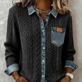 Damen nan geflochtener Strickpullover mit integriertem Jeanskragen und Brusttasche Echo Archiv