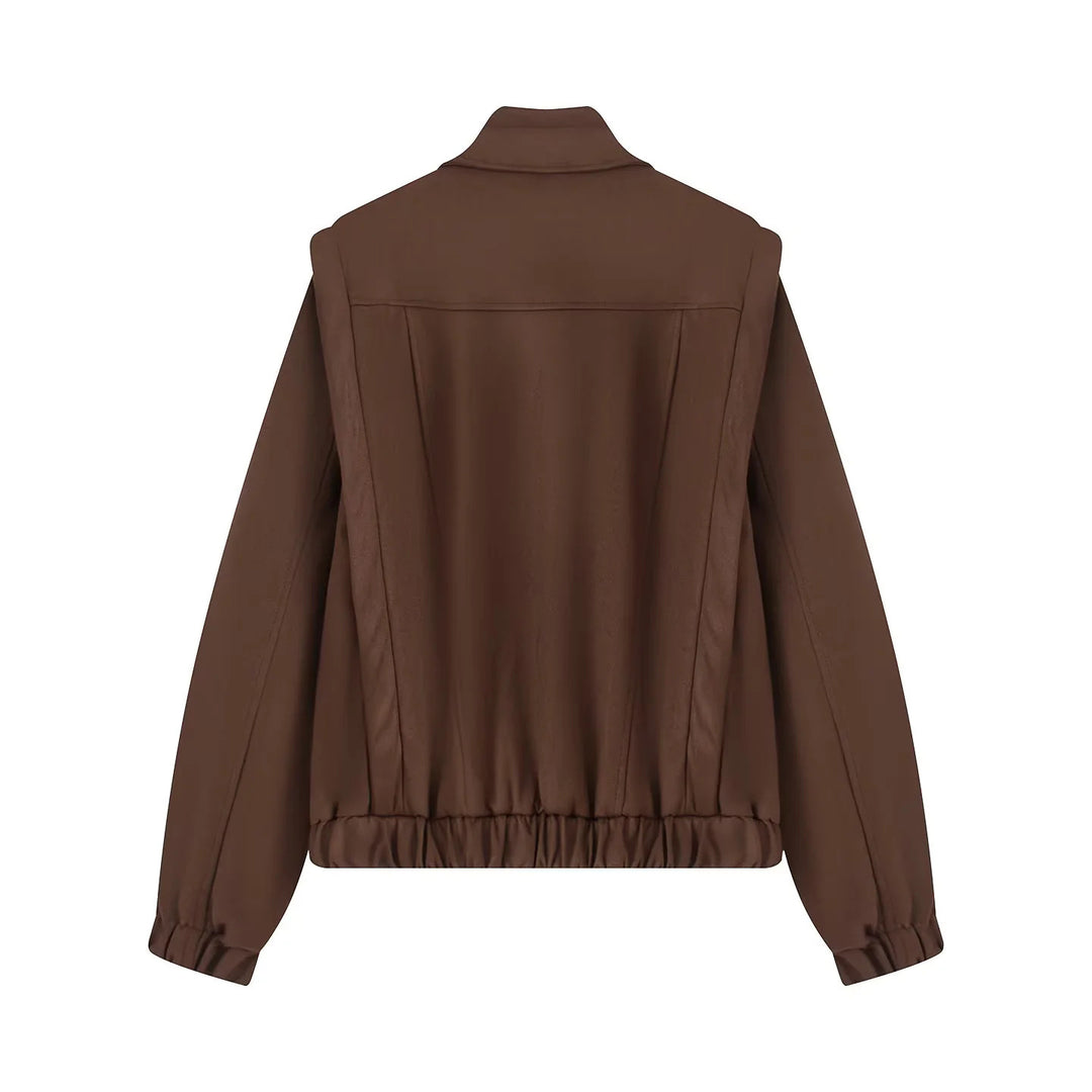 Damen asymmetrische Blousonjacke mit verdeckter Reißverschlussblende, Stehkragen und taillennahem Kordelzug – Célinea