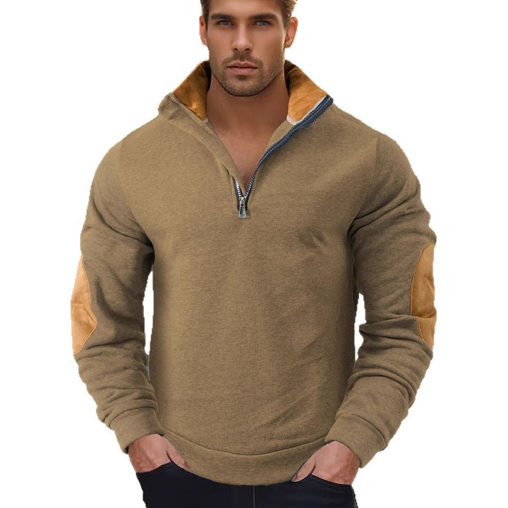 Herren nan Kurzzip-Stehkragenpullover mit Kontrastkragen und Wildleder-Ellenbogenpatches Echo Archiv