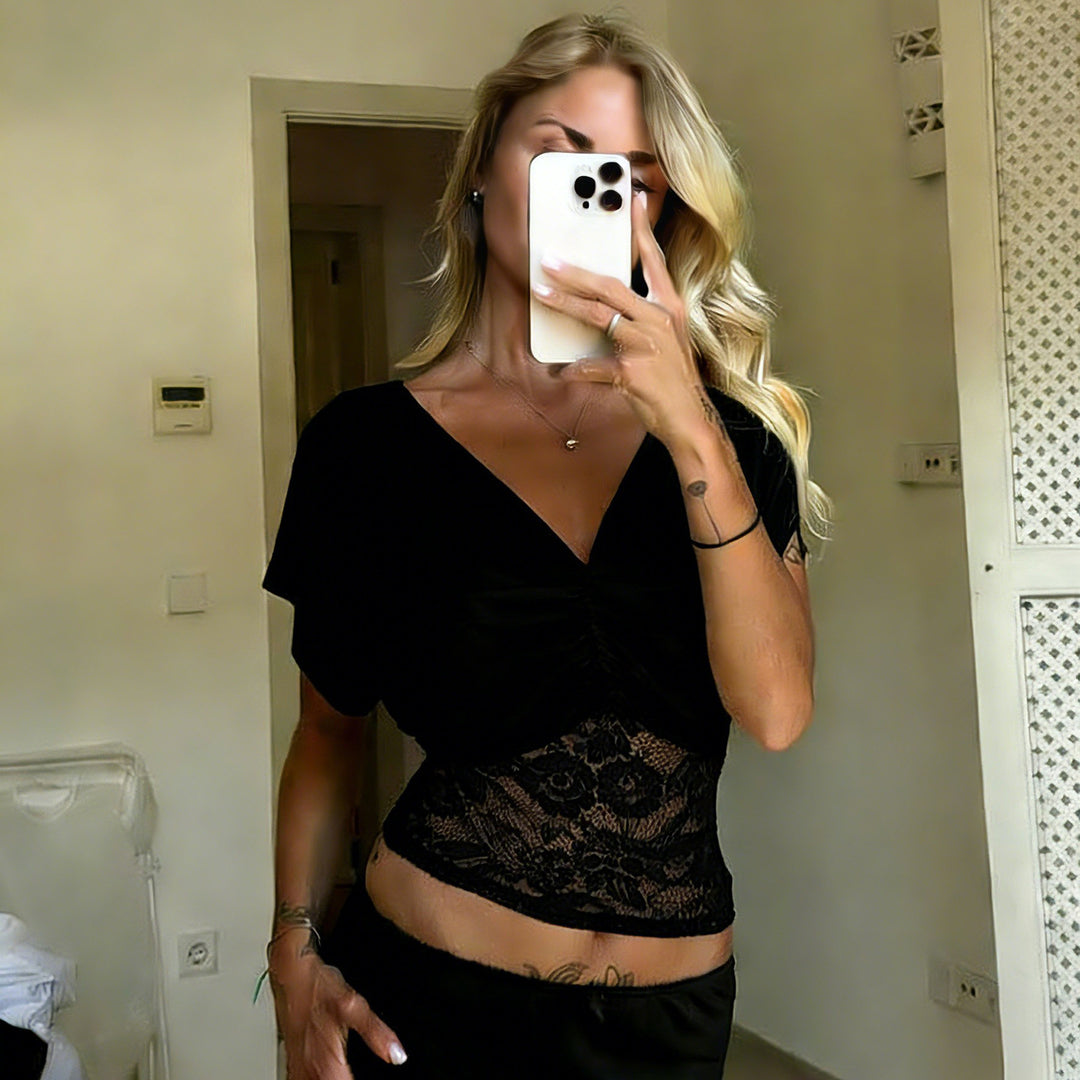 Damen elegantes Oberteil mit Spitze und Raffung Echo Archiv