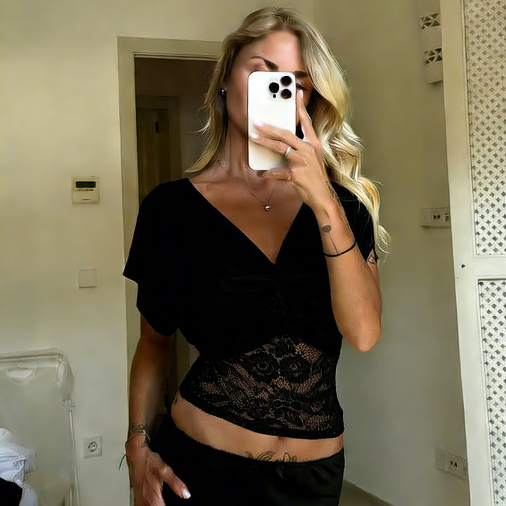 Damen elegantes Oberteil mit Spitze und Raffung Echo Archiv