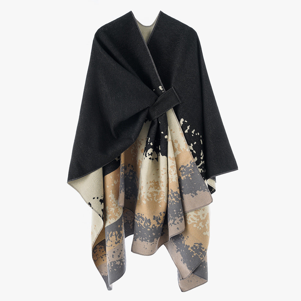 Damen Reversibler Wollmix-Capeponcho mit Bindegürtel und abstraktem Farbverlauf – Montévia