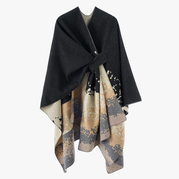 Damen Reversibler Wollmix-Capeponcho mit Bindegürtel und abstraktem Farbverlauf – Montévia