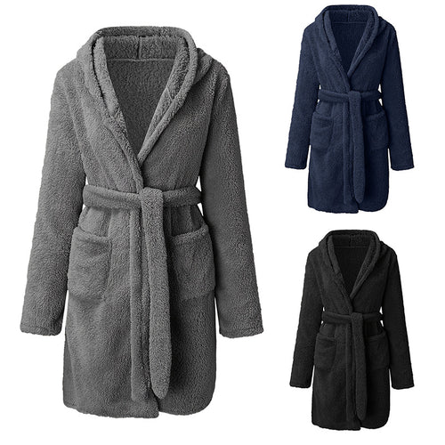 Damen Kuscheliger Fleece-Bademantel mit Kapuze und praktischen Taschen Echoarchiv