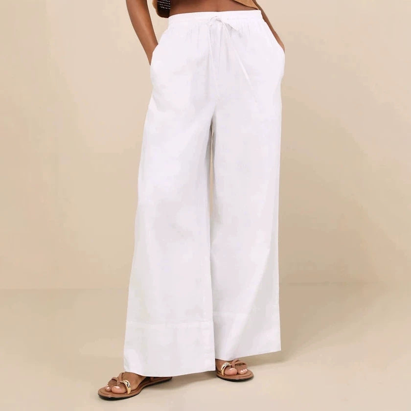 Damen Weite Leinenhose mit elastischem Bund und seitlichen Taschen Echoarchiv