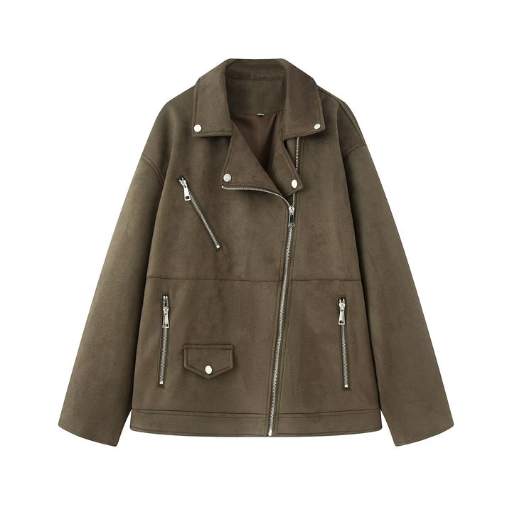Damen Asymmetrische Veloursleder‑Optik Bikerjacke mit Stehkragen und Zippern Echoarchiv