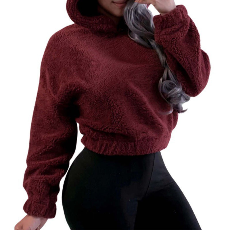Damen Kurzer Kapuzen‑Sherpa‑Pullover mit Kängurutasche und elastischem Saum Echo Archiv