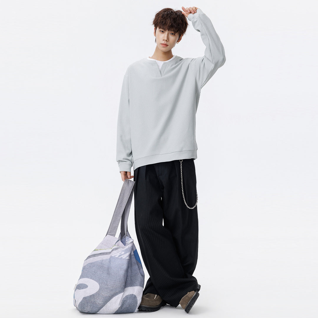 Herren Oversize Waffelstruktur-Langarmshirt mit V‑Einsatz und Layering-Optik Echo Archiv