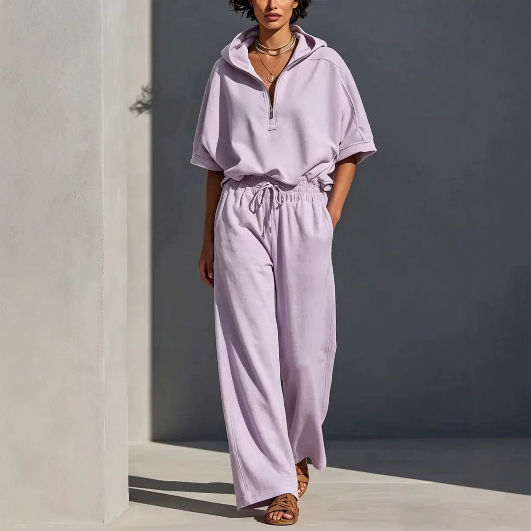 Damen Lässiges Lounge-Set mit Kapuzenpullover mit halbem Reißverschluss und weiter Palazzohose Echoarchiv