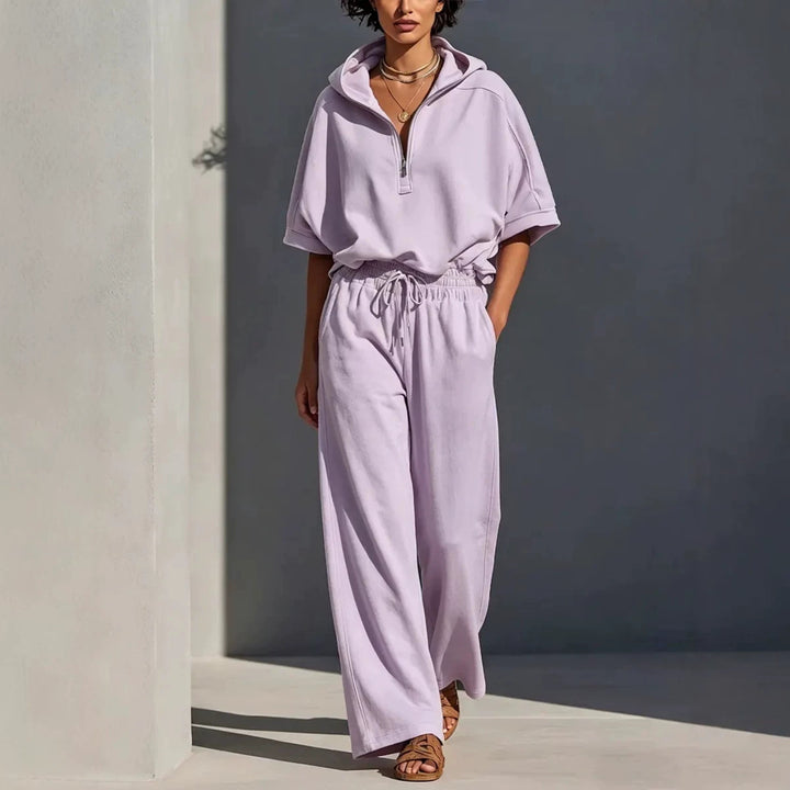 Damen Lässiges Lounge-Set mit Kapuzenpullover mit halbem Reißverschluss und weiter Palazzohose Echoarchiv