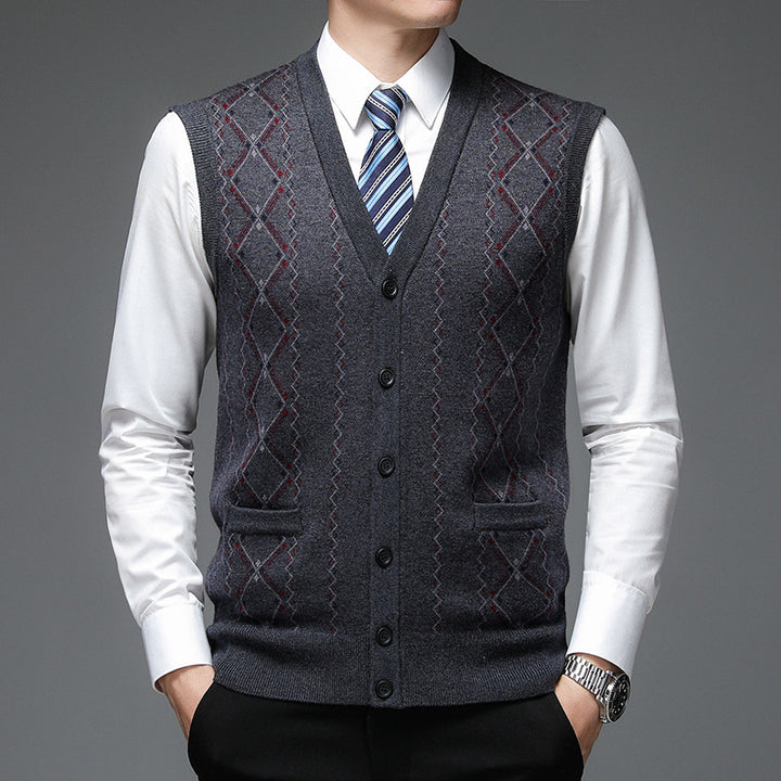 Herren elegante Strickweste mit Rautenmuster und Schalkragen Echoarchiv