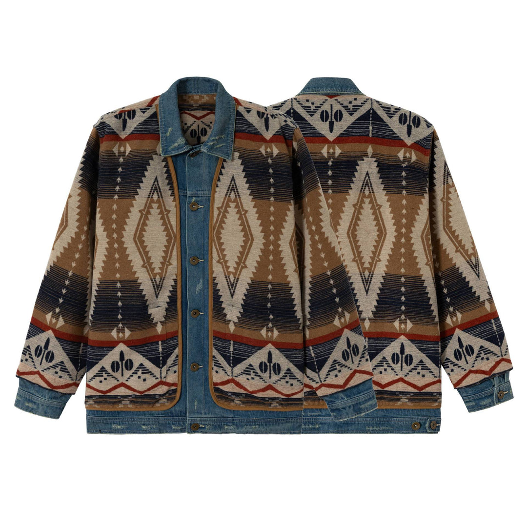 Unisex Kurzer gewobener Azteken-Cardigan mit Denimblende Echoarchiv