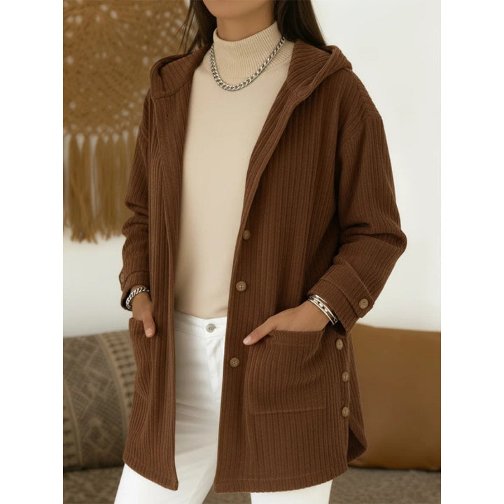 Damen Langer Kapuzen-Strickcardigan mit Rippenstruktur, Knopfleiste und Seitentaschen Echo Archiv