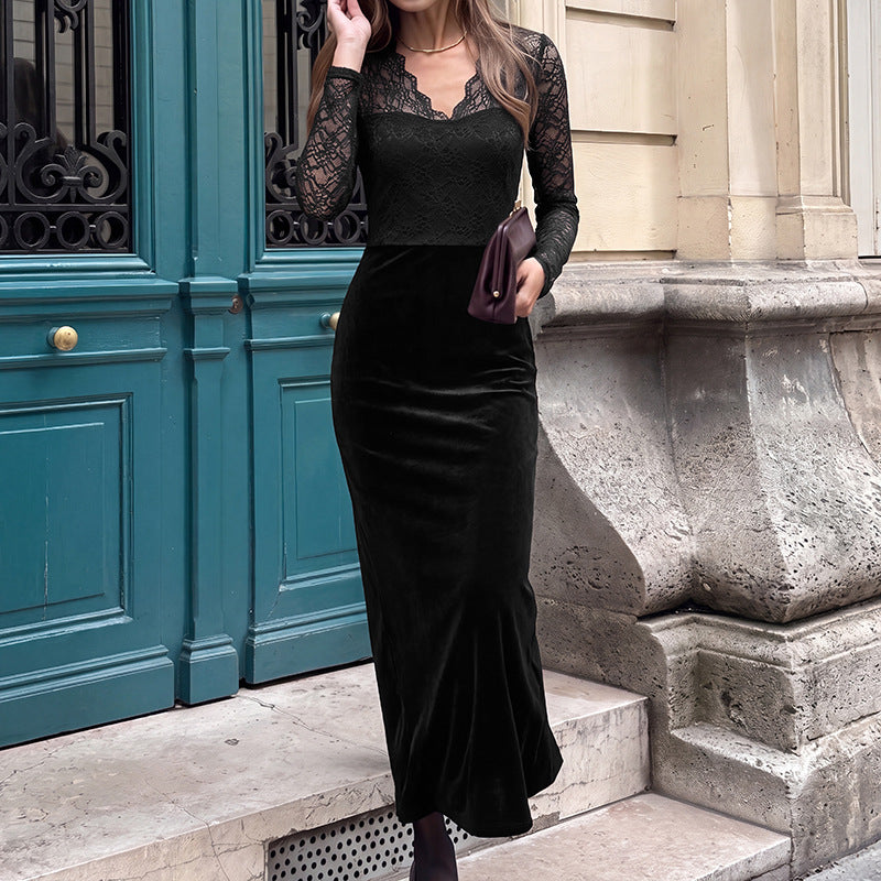 Damen Elegantes Langarm Maxikleid aus Samt und Spitze Echo Archiv