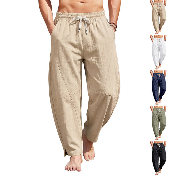 Herren knöchellange Freizeithose aus Leinenmix mit elastischem Kordelbund und seitlichen Schlitzen – Sorevano
