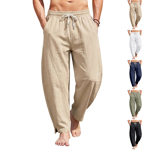 Herren knöchellange Freizeithose aus Leinenmix mit elastischem Kordelbund und seitlichen Schlitzen – Sorevano