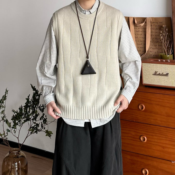 Herren Oversized Ärmellose Strickweste mit geripptem Saum und Rundhalsausschnitt Echoarchiv
