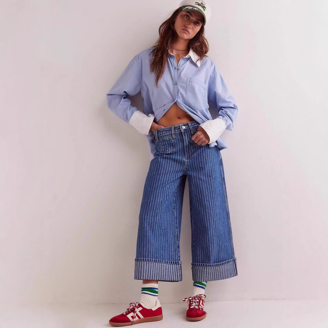 Damen Elegante weit geschnittene Jeans mit aufgenähten Streifen Echo Archiv