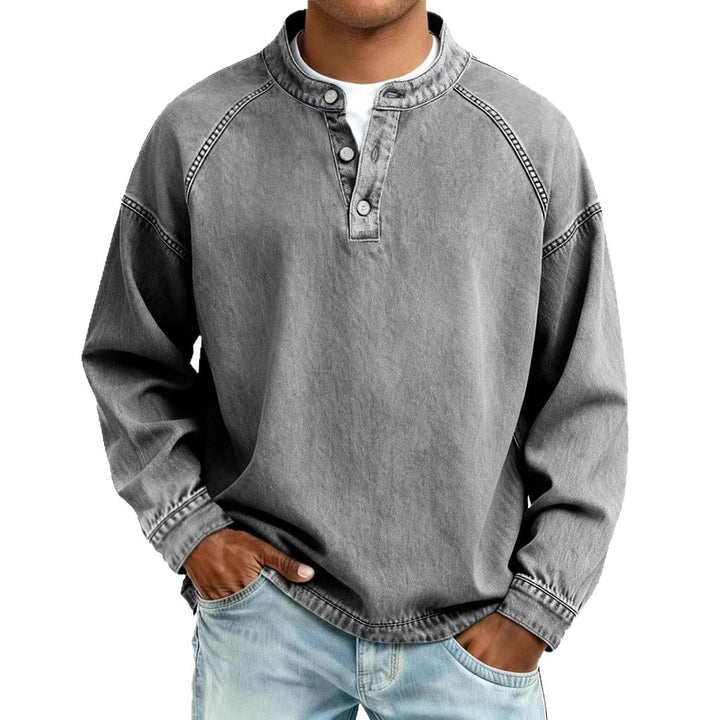 Herren verwaschenes Henley-Shirt mit Stehkragen, lockerer Passform und Knopfleiste – Marzano