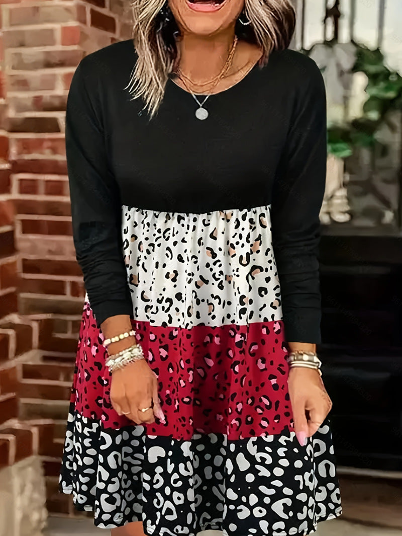 Damen nan langärmliges Stufenkleid mit geraffter Empire-Taille und gemischtem Animal-Print Echo Archiv