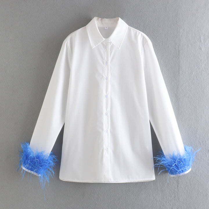 Damen Elegante Baumwollbluse mit Federbesatz an Manschetten und klassischem Hemdkragen Echo Archiv