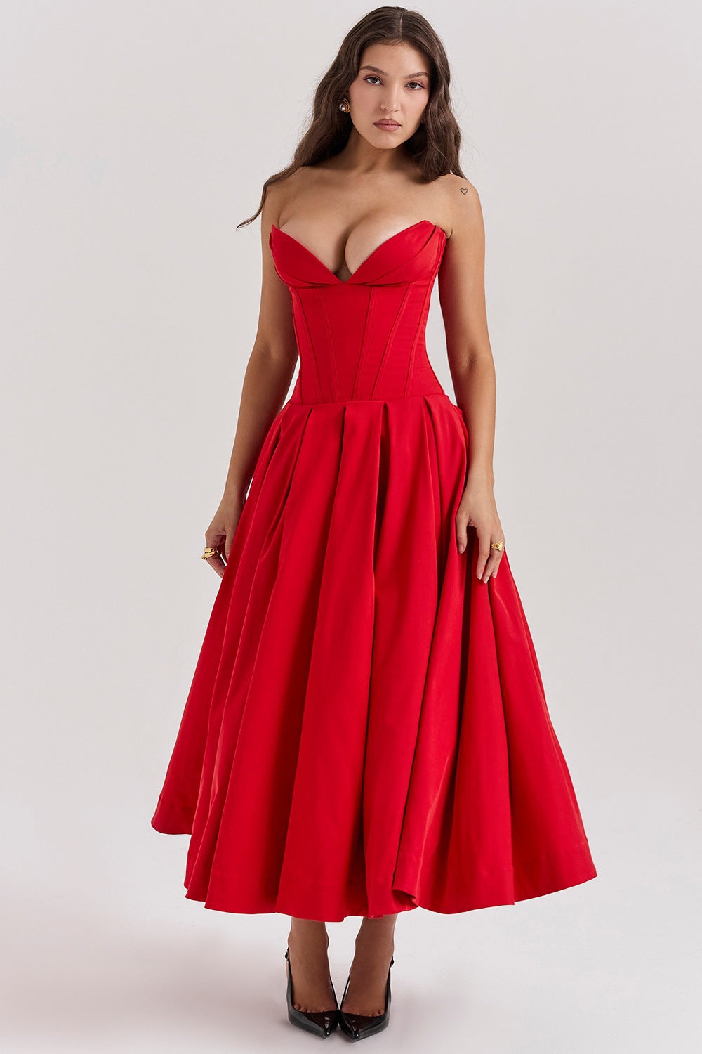Damen nan trägerloses Korsett-Midikleid mit vorgeformter Miederkonstruktion und ausgestelltem Tellerrock Echo Archiv