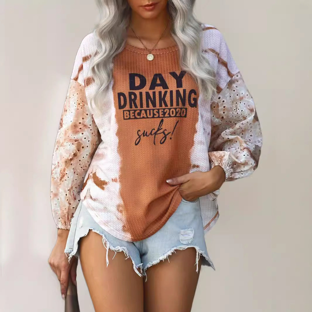 Damen Oversize Langarmshirt im Boho-Look mit Puffärmeln und Statement-Print – Avérine