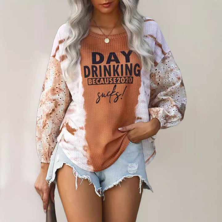 Damen Oversize Langarmshirt im Boho-Look mit Puffärmeln und Statement-Print – Avérine