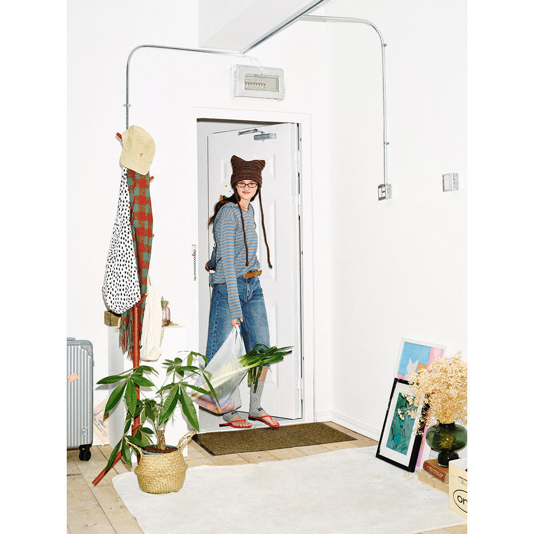 Damen Gestreiftes Langarm-Hoodie-Shirt mit V‑Ausschnitt und Kapuzenband Echoarchiv