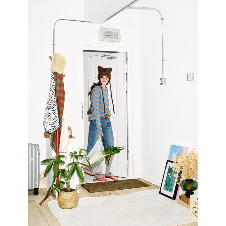 Damen Gestreiftes Langarm-Hoodie-Shirt mit V‑Ausschnitt und Kapuzenband Echoarchiv