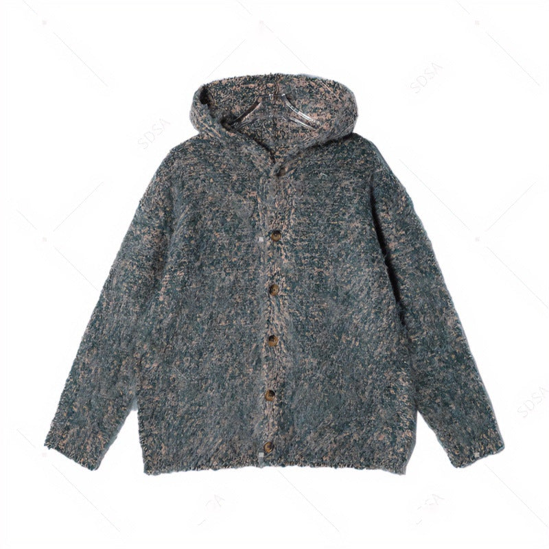 Damen Flauschige Kapuzen-Strickjacke mit Knopfleiste und melierter Bouclé-Optik Echoarchiv