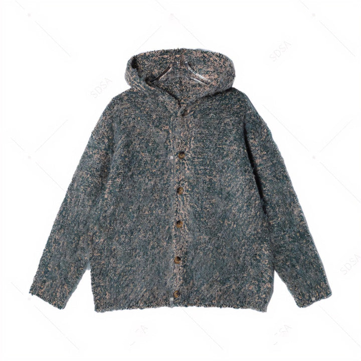 Damen Flauschige Kapuzen-Strickjacke mit Knopfleiste und melierter Bouclé-Optik Echoarchiv