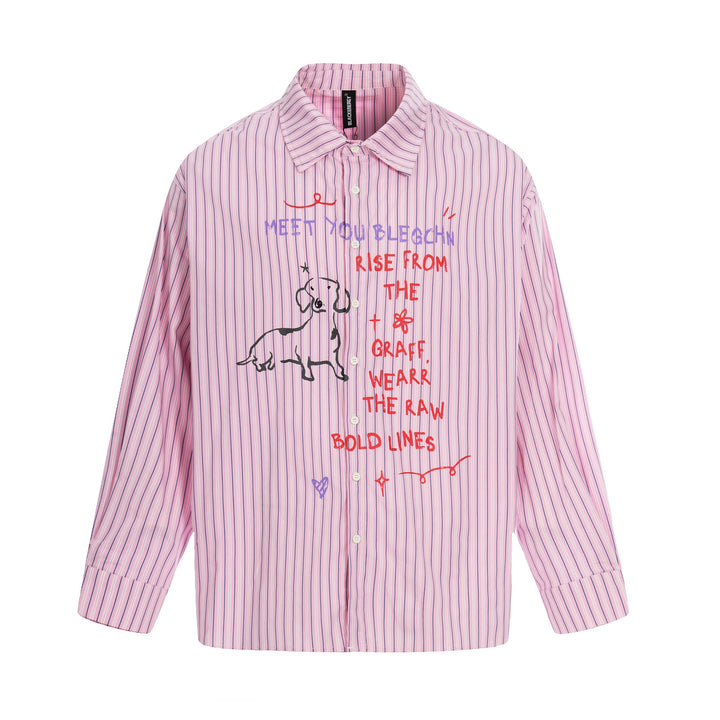 Damen Oversize-Hemdbluse mit Streifenstruktur und handgezeichnetem Grafikprint Echoarchiv
