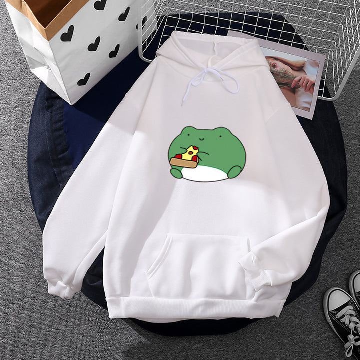 Damen gemütlicher Kapuzenpullover mit kawaii Frosch‑Pizza‑Motiv und oversized Relax‑Fit – Auréline