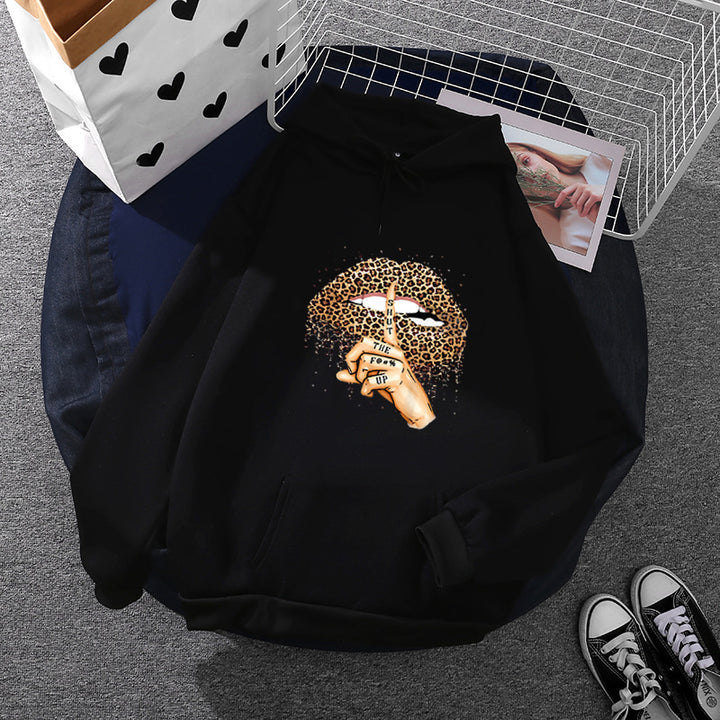 Damen oversized Fleece-Hoodie mit Leoparden-Lippen-Motiv, Kängurutasche und gerippten Bündchen – Auréline