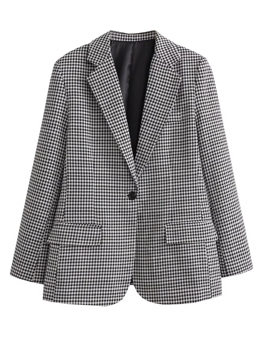 Damen taillierter Hahnentritt-Blazer mit Reverskragen, Eingrifftaschen und Ein-Knopf-Verschluss – Valéne