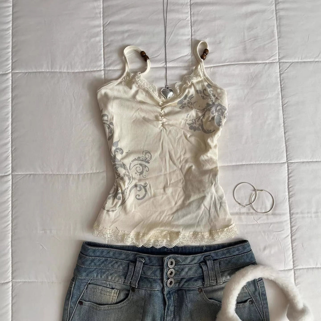 Damen Verspieltes Spaghetti-Träger Top mit Spitzendetails Echo Archiv