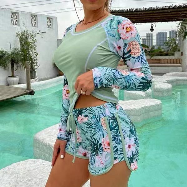 Damen Sportliches Langarm-Badeoberteil mit floralem Design und Shorts Echo Archiv