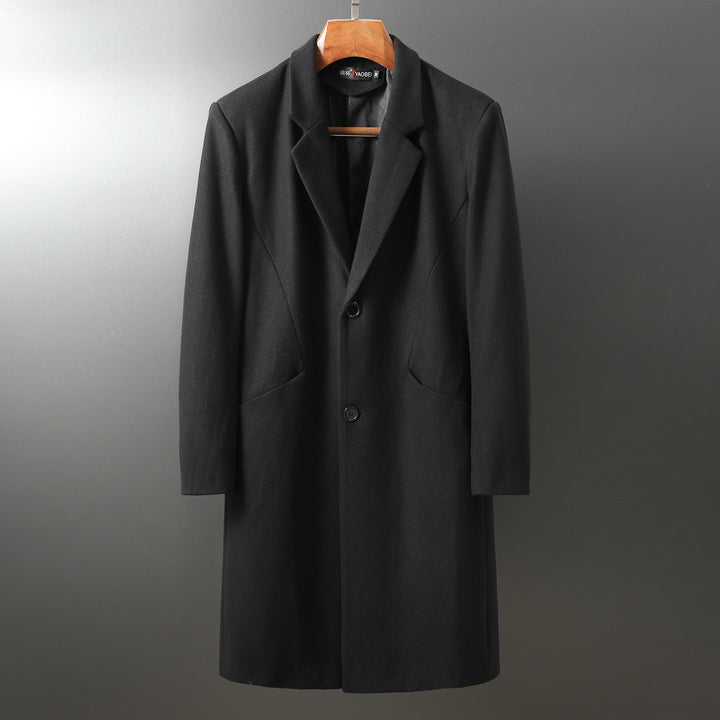 Herren Zeitloser langer Wollmantel mit schmalem Revers und Zweiknopf‑Verschluss Echoarchiv