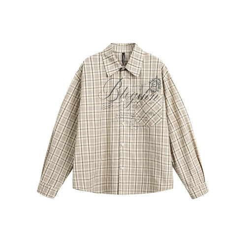 Damen Karierte Oversize-Hemdbluse mit Brusttasche und dekorativem Schriftprint Echoarchiv