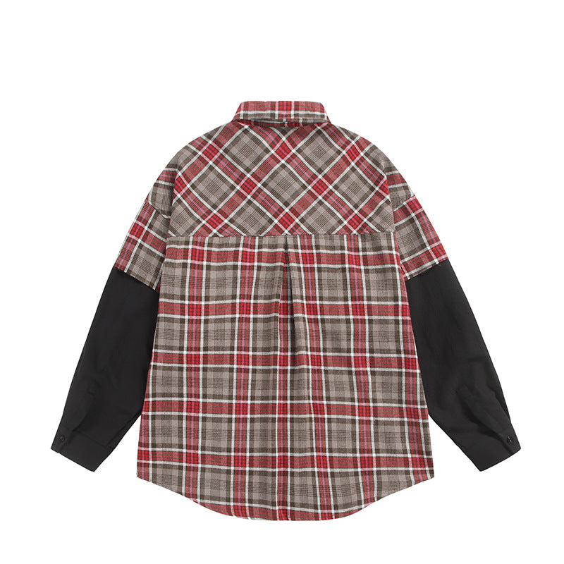 Unisex Oversized-Hemdjacke im Layering-Look mit kontrastierenden Ärmeln und Brustpattentaschen Echoarchiv