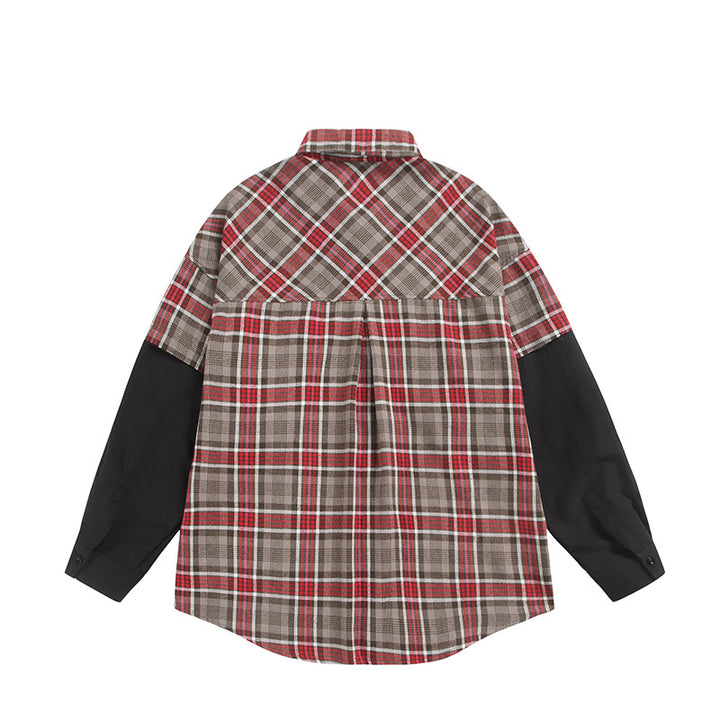 Unisex Oversized-Hemdjacke im Layering-Look mit kontrastierenden Ärmeln und Brustpattentaschen Echoarchiv