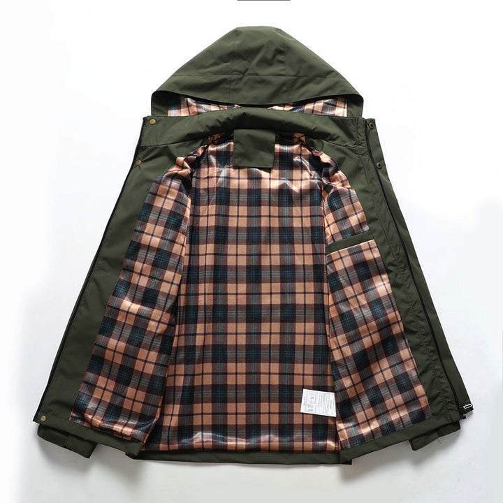 Herren Multitaschen-Softshell-Parka mit Kapuze und kariertem Innenfutter Echoarchiv