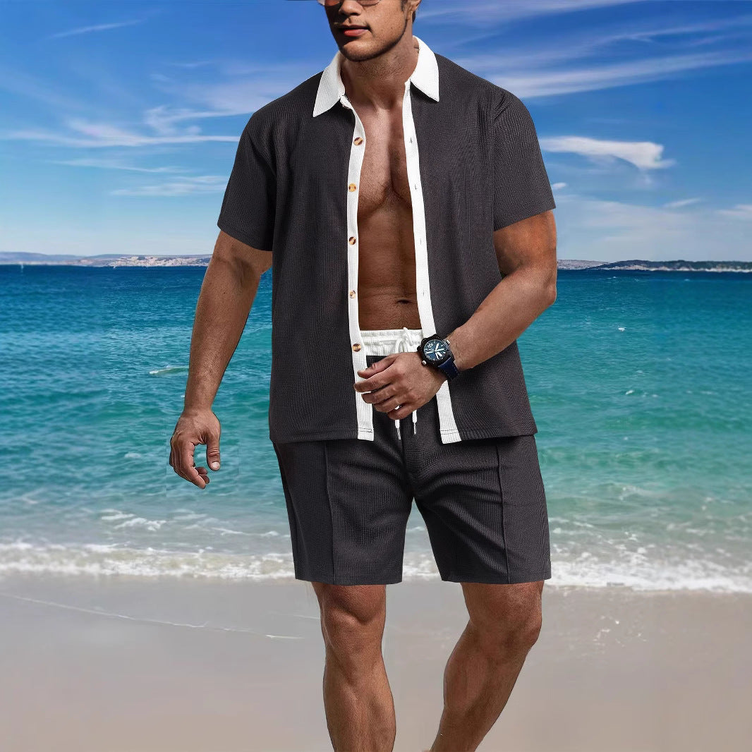 Herren nan modernes Freizeit-Set aus feinem Strukturjersey mit Hemdkragen-Knopfleiste und Kordel-Shorts Echo Archiv