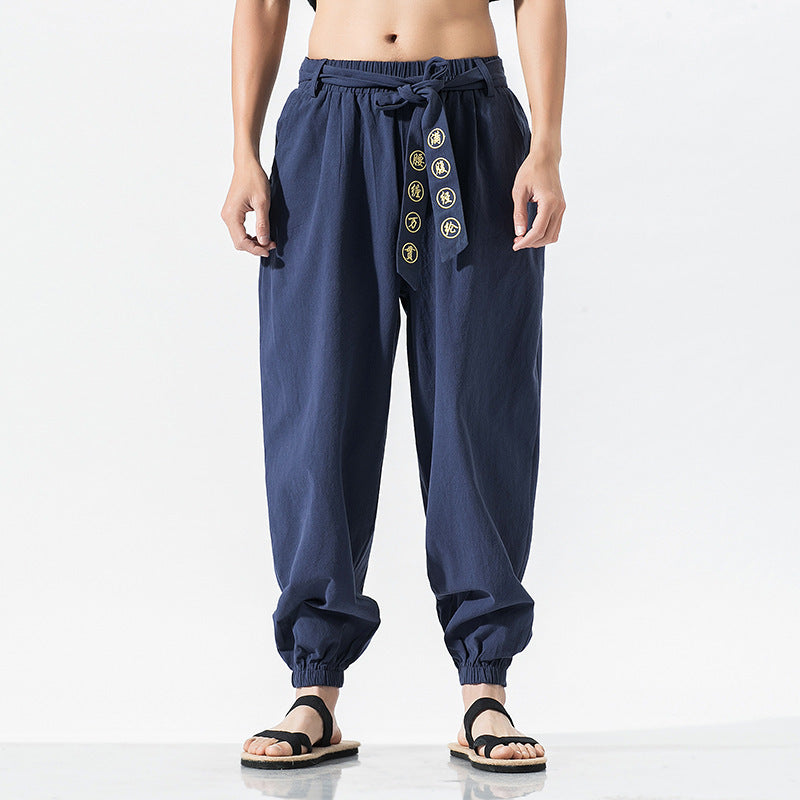 Damen nan weite Leinenhose mit Tunnelzug Bund Bindedetail und elastischen Knöchelabschlüssen Echo Archiv