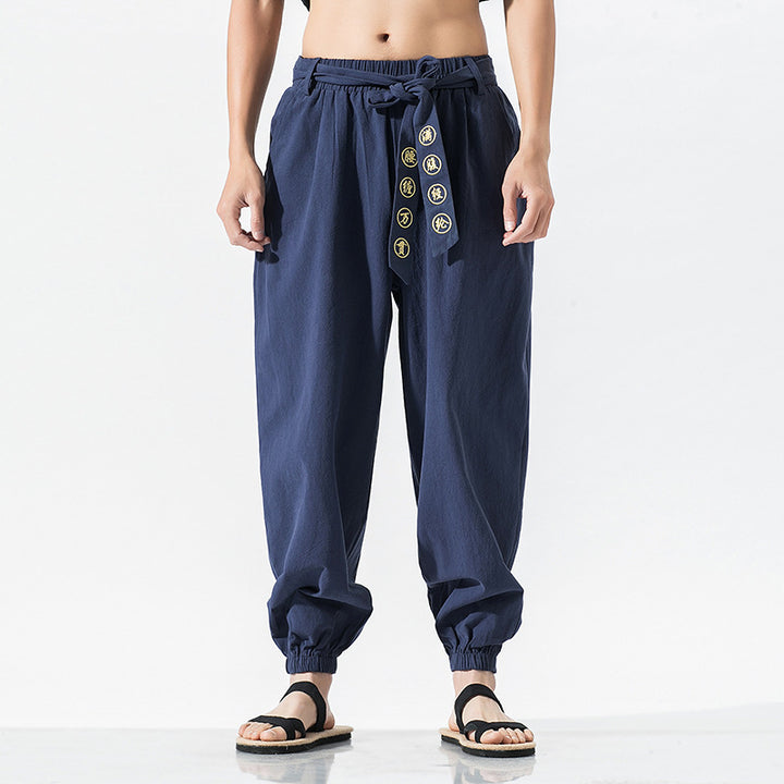 Damen nan weite Leinenhose mit Tunnelzug Bund Bindedetail und elastischen Knöchelabschlüssen Echo Archiv