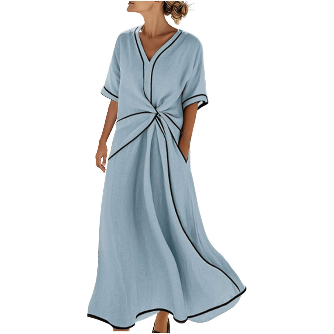 Damen Langes A-Linienkleid mit V‑Ausschnitt, Knoten-Detail und Kontrastpaspel – Élara